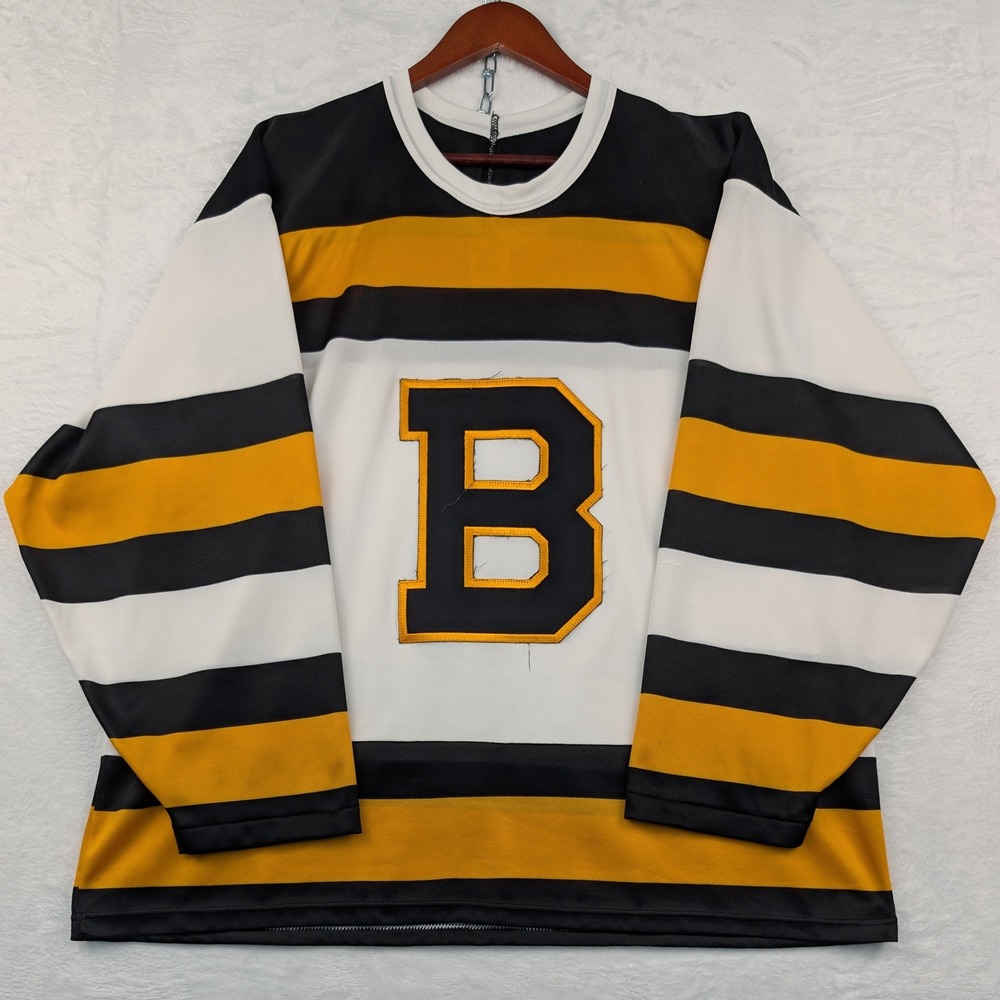 VTG Boston Bruins Jersey Men's XL White Gold Black Striped CCM Maska NHL USA 80s